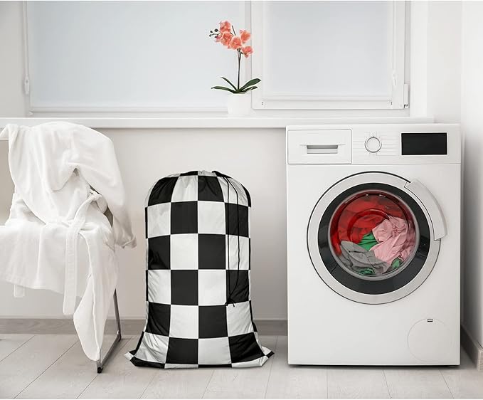 Swono Laundry Bag Drawstring Closure, Plaid Chess Board Black White Heavy Duty Laundry Portable for Home Dorm Room Essentials for Travel Camp, Oxford Cloth 28x40 Inch