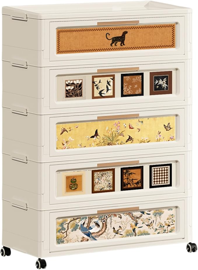 300QT Foldable Storage Cabinet with Lids, Stackable Storage Drawers with Doors and Wheels,ABS Durable Storage Cabinet Organizer for Home, Living Room, Kitchen, Stylish Home Decor (5 Tier)
