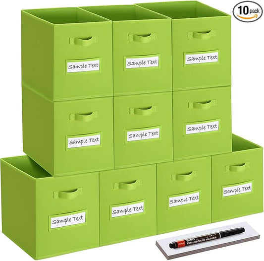 artsdi 11x11 storage cube bins (Set of 10) Foldable Fabric storage cubes with 10 Labels Window Cards & a Pen,11 inch cube storage bin,Closet Organizers for Shelves,Cubby Organizer Boxes,lime green