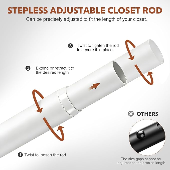 Closet Rods for Hanging Clothes, 17-42 Inch Stepless Adjustable Closet Rod, 1.3 Inch Heavy Duty Metal Clothes Hanging Rod, Expandable Closet Bar Hanger Rod for Closet Wardrobes Laundry RV White