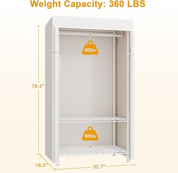ULIFHOME H5C Clothes Rack with Cover, Portable Closet for Hanging Clothes, Covered Clothing Racks Heavy Duty, Freestanding Garment Racks with Shelves Max Load 360LBS White Closet Rack with White Cover
