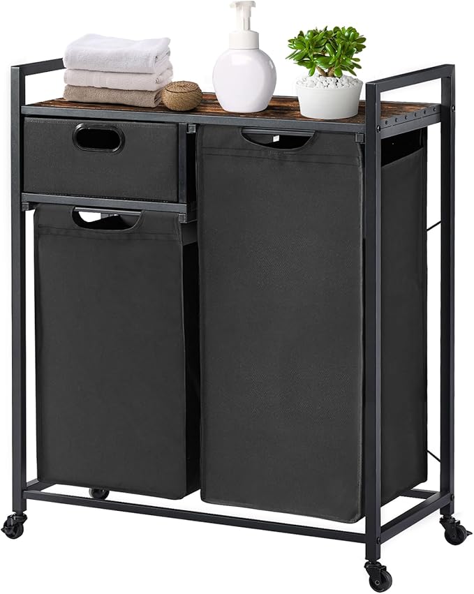Zevemomo Large Rustic Brown & Black Laundry Basket with Wheels, 3 Compartments, 60L Capacity, Floor Mount, Laundry Room & Bathroom