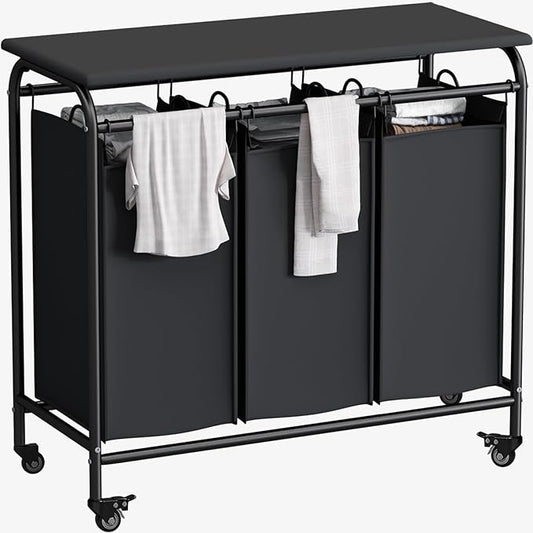 LINZINAR 3 Bag Laundry Basket Sorter Heavy Duty Rolling Lockable Wheels Laundry Hamper Cart with Ironing Board and Removable Bags, Black
