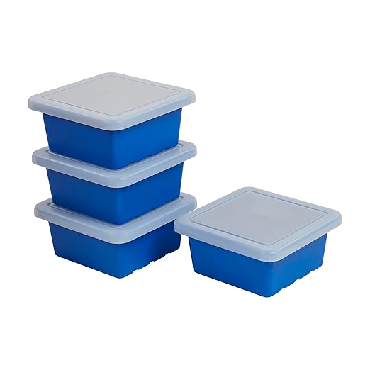 ECR4Kids Stackable Square Bins with Non-Snap Lids, Multipurpose Organization, Blue, 4-Pack