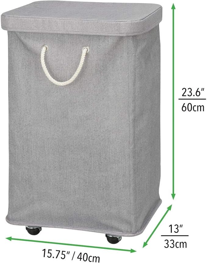 mDesign Large Polyester Rolling Laundry Hamper with Wheels, Removable Lid, and Rope Carrying Handles - Collapsible Hampers with Wheels for Compact Storage - Tall Single Compartment Basket - Gray