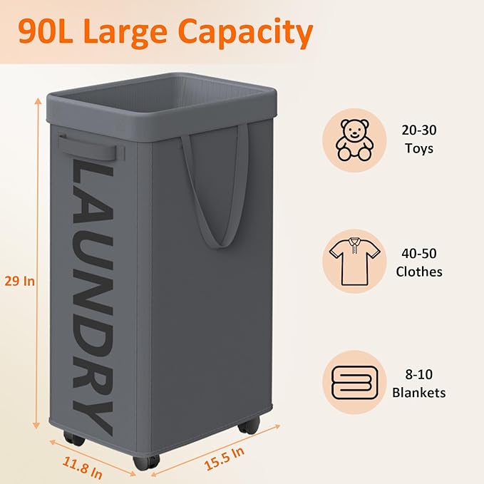 Optish 2 Pack Laundry Basket with Wheels, 90L Rolling Laundry Hamper with Wheels, Large Clothes Hamper on Wheel with Removable Mesh Bag for Bedroom, Dorm