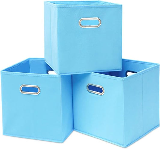 Black Fabric Cubby Storage Bins,13x13x13 Inches ,Cube Organizer Bin Foldable Storage Boxes with Dual Handles Fabric Organizer Box and collapsible Storage basket,Set of 3,Blue
