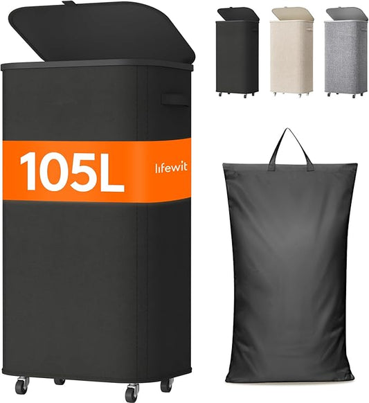 Lifewit 105L Plastic Laundry Basket with Lid, Large Clothes Hamper with Wheels and Removable Bag, Tall Collapsible Rolling Storage Bin for Dorm Bedroom Bathroom, Black