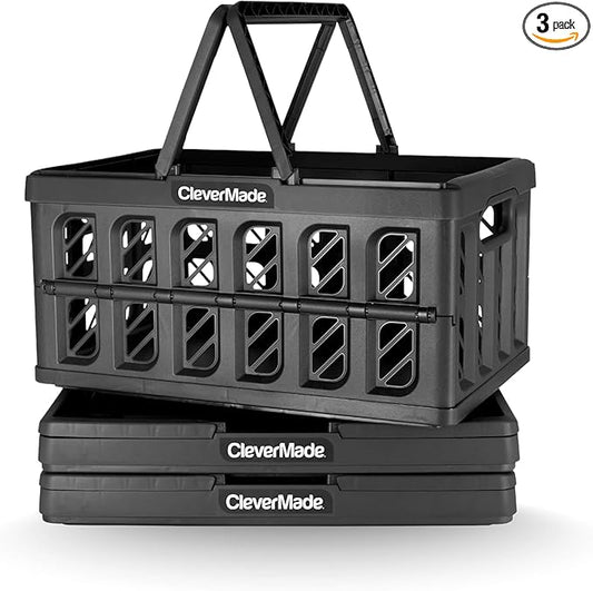 CleverMade Collapsible Shopping Basket with Handles – 24L 3 Pack Collapsible Grocery Tote, Plastic Storage Baskets Fold Flat, Stackable Collapsible Storage Bins for Car & Home - Obsidian