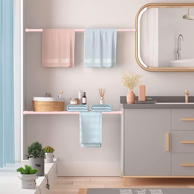MEXAU 1Pcs Spring Tension Curtain Rod 26-39 inch Spring Tension Rods Pink Tension Rods Adjustable Spring Rod Extendable Tension Rod For Kitchen, Bathroom, Window