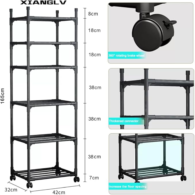 Black Shelving Unit, 42x 32 x 165 cm, 6 Tier Tall Narrow Shelving Unit with Wheels and Anti-Slip Feet, Adjustable Shelving (Black)