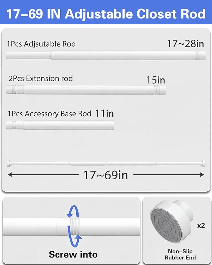 Supforce No Drilling Closet Rods for Hanging Clothes, Non Slip Tension Rod with Heavy Duty Clothes Hanging Rod, 17-69 Inches Adjustable Spring Closet Rod for Closet Wardrobe Bathroom Laundry RV, White
