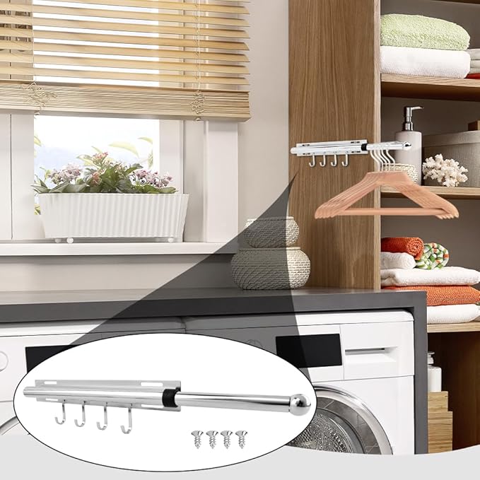 12 Inch Valet Rod for Closet Pull Out, Retractable Slide Out Clothes Hanger with 4 Hooks, Closet Rods for Hanging Clothes Laundry Room, Bedroom, Bathroom(COLOR:Sliver)