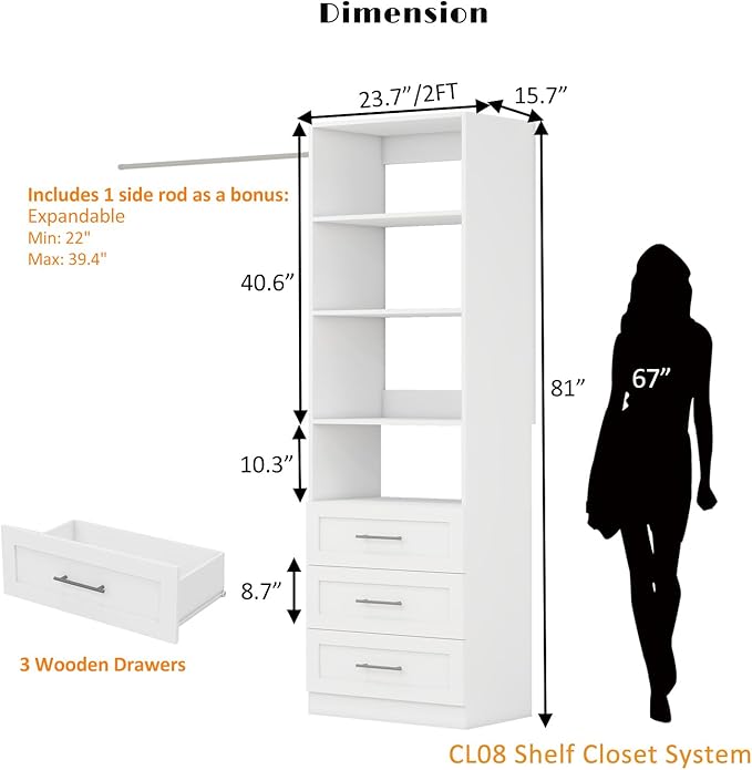 Closet Organizer System with Drawers, 2FT Wood Closet Shelving System Small Walk in Closet Freestanding Corner Closets Storage White (2FT)