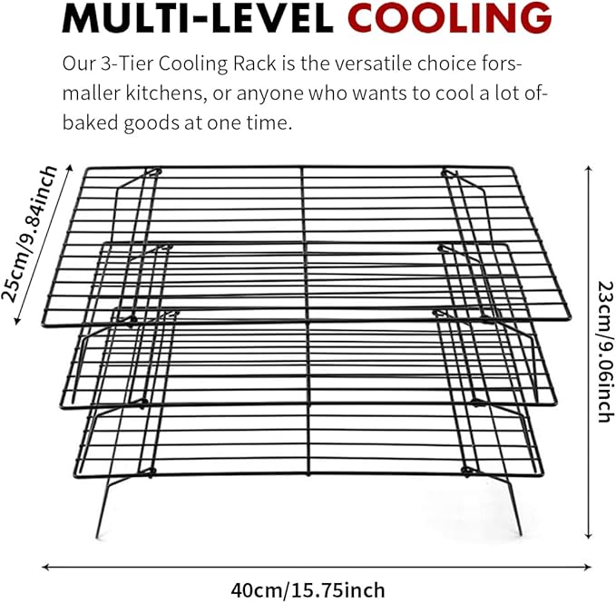 PowerKing 3 Tier Cooling Rack, Foldable Non-Stick Stainless Steel Wire Cake Rack for Pies, Cookies, Pastries, Home Baking, Birthday Party, Wedding Party 15.7'' x 10'' (Black 3 Tier)