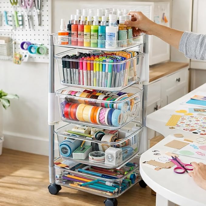 OnDisplay 360° Rotating Clear Storage Trolley – Multi-Tier Rolling Acrylic Utility Cart for Vanity, Craft Room, Pantry, Office & Bathroom – Mobile Multipurpose Organizer Rack for Makeup, Kitchen,