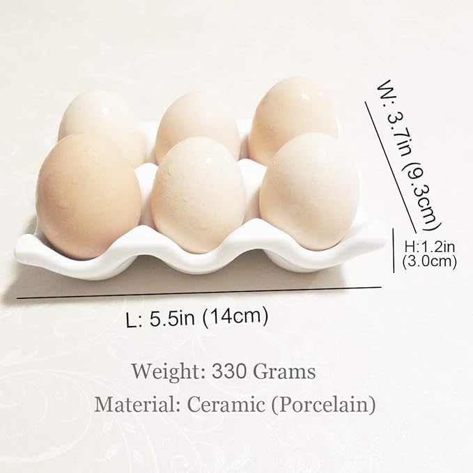 Ceramic Egg Holder Egg Tray Porcelain Fresh Egg Holder for Fridge Countertop Kitchen Storage Half Dozen 6 Cups (White)