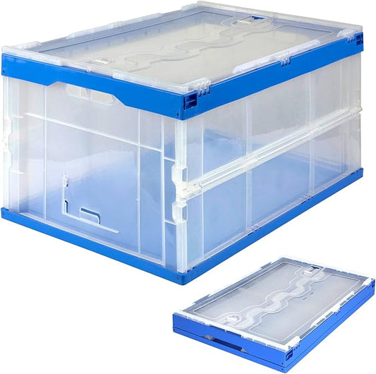 Mount-It! Collapsible Storage Bin with Attached Lid [65 Liter] Folding Crate, Durable Plastic Container, Trunk Storage, Box (23x15x13 Inches), Clear & Blue