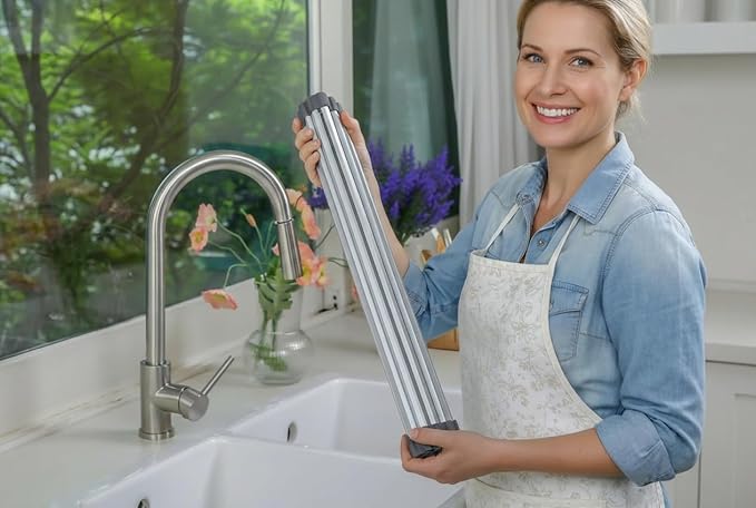 Small Roll Up Dish Drying Rack (9" x 13") - Fits Sink Openings up to 8.5", Narrow Sink Only, Square Bar, Rust-Proof, with Dish Holder (Purple Gray)