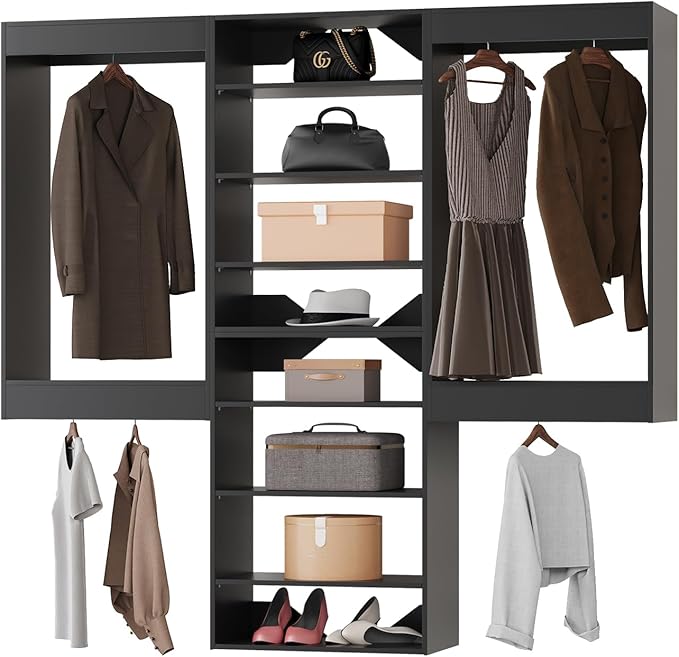 ROOMTEC Modular Closet System, 90" Wall-Mounted Closet Organizer with Hanging Rods and Shelves, Wooden Tower for Walk-In Closets, Wardrobe Storage Kit, Black