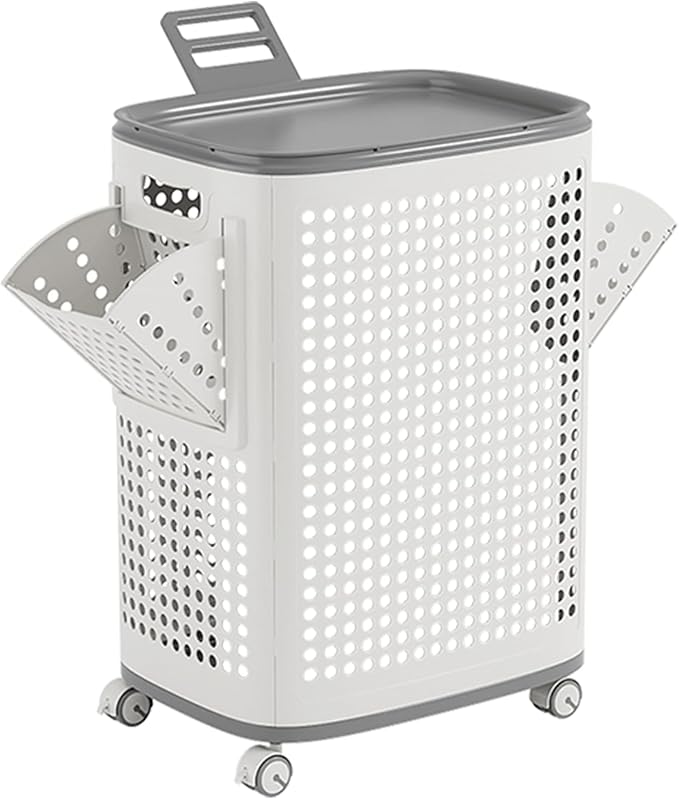Plastic Laundry Basket with Lid and Wheels, Clothes Hamper with Side Compartments and Brakes, Portable Laundry Hamper on Wheels for Easy Mobility for Bathroom and Bedroom
