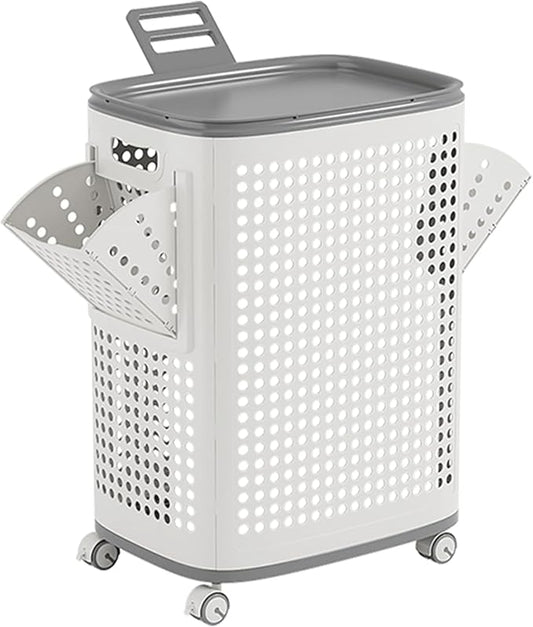 Plastic Laundry Basket with Lid and Wheels, Clothes Hamper with Side Compartments and Brakes, Portable Laundry Hamper on Wheels for Easy Mobility for Bathroom and Bedroom