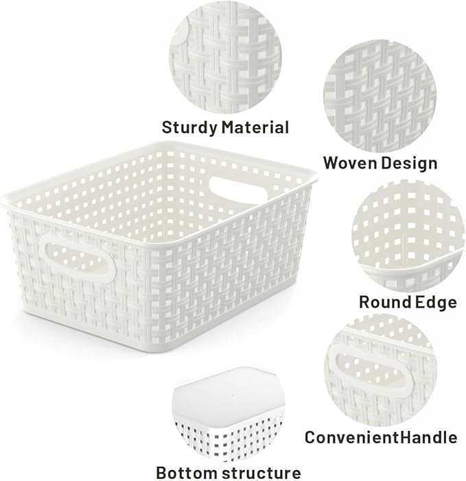 9-Packs Plastic Storage Woven Storage Baskets, Plastic Baskets with Handles, Baskets for Home and Office Organizing, White.