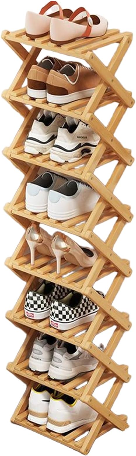 8 Tier Natural Bamboo Shoe Rack,Foldable Space Saving Shoe Storage Organizer,Easy Assembly & Strong Design Shoes Stand Shelf Organiser for Closet (Primary Color, Eight Layers)