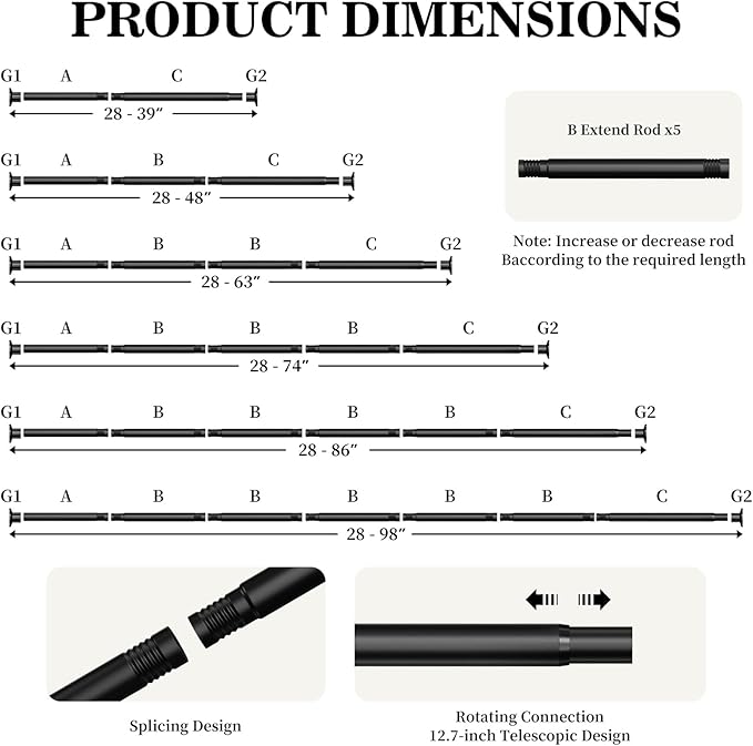 No Drilling Closet Rod, Adjustable Black Closet Rod, 28-98 Inches Heavy-Duty Closet Tension Rods for Hanging Clothes for Wardrobes, Closet, Laundry & Bathroom