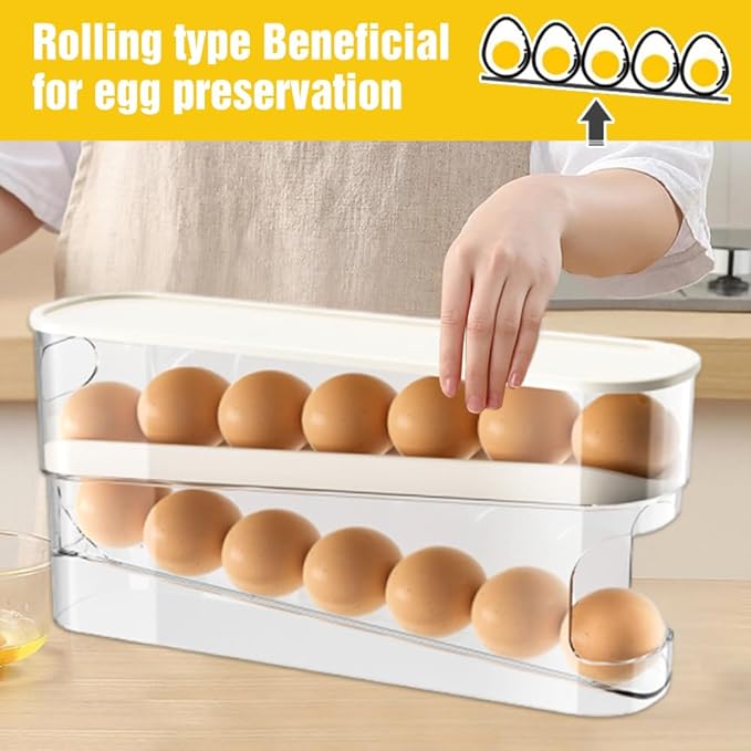 ROWPOZ 2026 New Egg Holder for Fridge, Egg Organizer for Refrigerator Automatic Scrolling Eggs Rack Holder Rolling Dispenser Stackable Container and Storage for Refrigerator with Lid