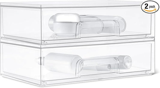 Amazon Basics Stackable Plastic Storage Makeup Organizer Drawers, Clear, 12.1" x 7.6" x 3.5", 2 Pack