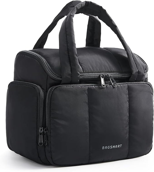 BAGSMART Travel Toiletry Bag for Women with Puffy Water-Resistant Fabric, Roomy Makeup Bag Organizer for Travel-Sized Toiletries & Accessories, Black