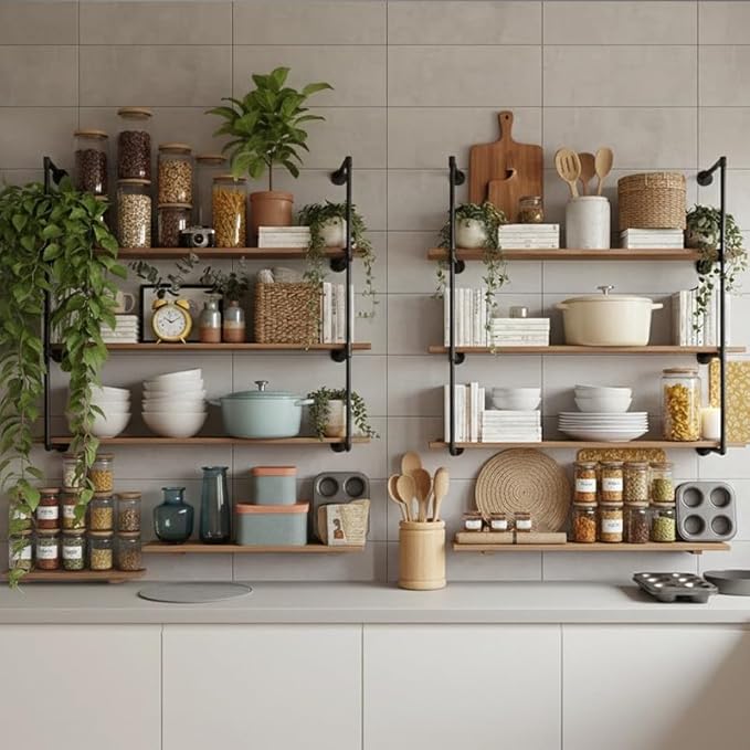 4-Tier Industrial Pipe Shelving Bracket System, Black Iron Wall Mount, DIY Rustic Farmhouse Style Storage Rack Brackets (No Planks)