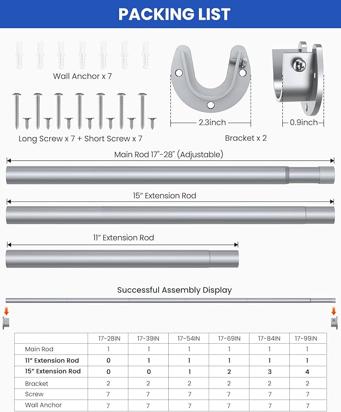 Supforce Closet Rods for Hanging Clothes, 17 to 99 Inches Stepless Adjustable Metal Closet Rod, 1.3 Inches Heavy Duty Clothes Hanging Rod for Closet Wardrobes Laundry RV, Silver