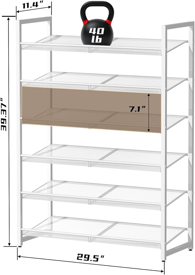 Metal Shoe Rack, 6-Tier Shoe Organizer for Entryway, Tall Shoes Stand with Angled Shelves, Holds 18-24 Pairs, Large Shoe Storage Shelf for Closet Garage Bedroom, White