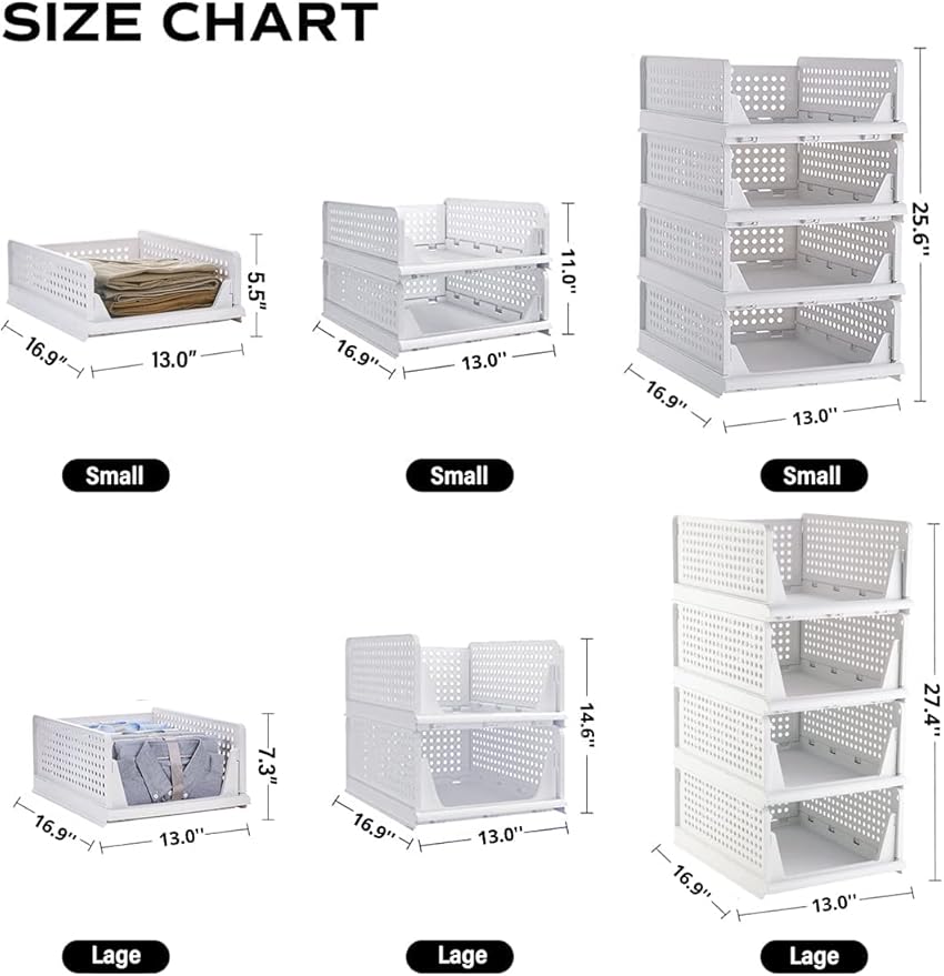 Stackable Plastic Storage Basket-Foldable Closet Organizers and Storage Bins - Drawer Shelf Storage Container for Wardrobe Cupboard Bedroom Bathroom Office (White Large-2 Pack)