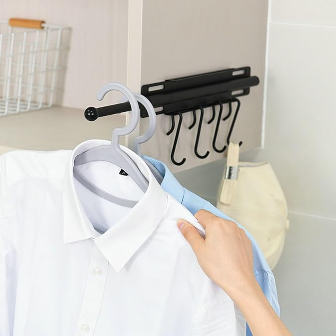 12" Valet Rod for Closet Pull Out, Retractable Slide Out Closet Valet Rod for Hanging Clothes, Closet Extender Hanging Rods With 4 Hooks (Black)