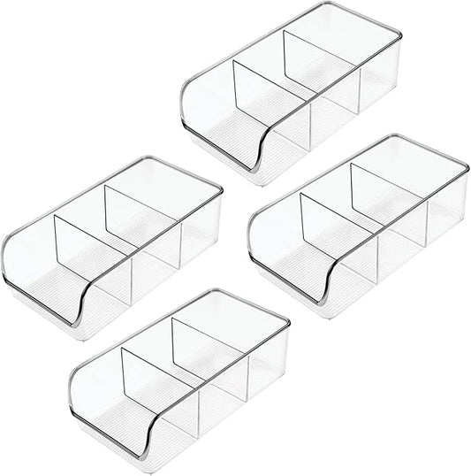 mDesign Plastic Food Storage Bin Organizer with 3 Compartments for Kitchen Cabinet, Pantry, Shelf, Drawer, Fridge, Freezer Organization - Holds Snack Bars - Ligne Collection - 4 Pack - Clear