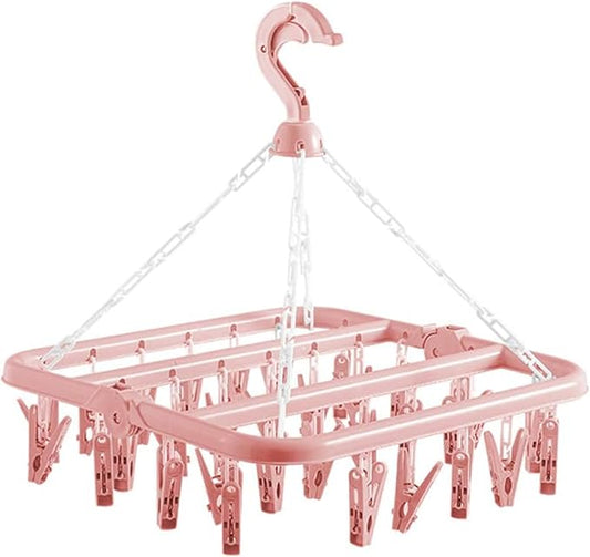 Clothes Drying Hanger with 32 Clips and Drip Foldable Hanging Rack (Light Pink)