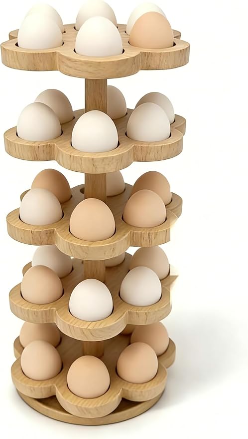Wooden Egg Holder Countertop 360° Rotating, Egg Rack for 30 Eggs, Spiral Egg Storage Organizer for Kitchen Counter, Farmhouse Fresh Chicken Egg Dispenser for Home, Family (Wood)
