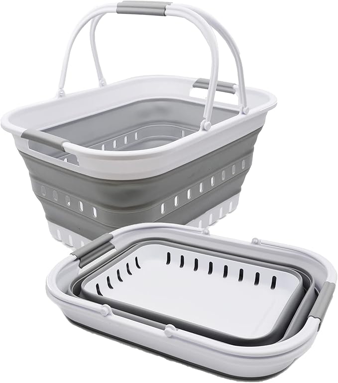 SAMMART 29L (7.6 Gallon) Collapsible Tub with Handle - Portable Outdoor Picnic Basket/Crater - Foldable Shopping Bag - Space Saving Storage Container (White/Grey (Set of 2), 2)