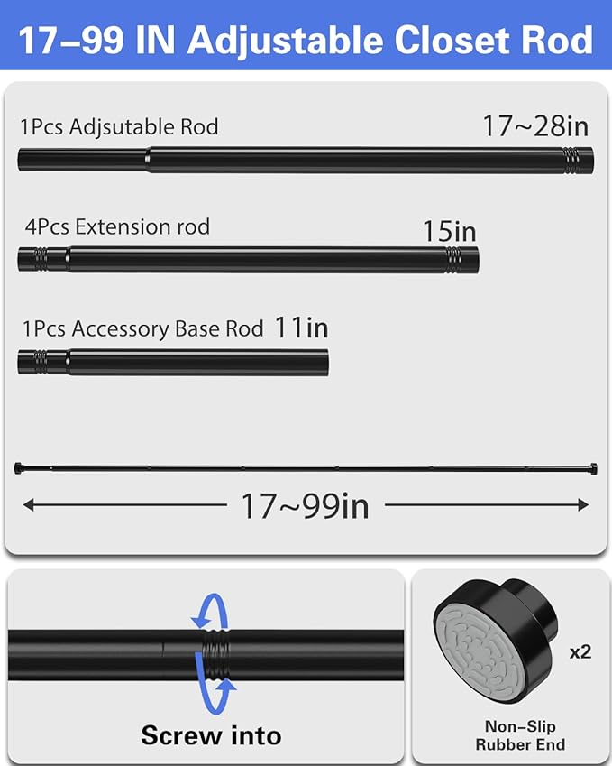 Supforce No Drilling Closet Rods for Hanging Clothes, Non Slip Tension Rod with Heavy Duty Clothes Hanging Rod, 17-99 Inches Adjustable Spring Closet Rod for Closet Wardrobe Bathroom Laundry RV, Black