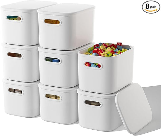 ORGIDOL 8 Pack White Storage Bins with Lids Stackable Storage Container for Organizing, Storage Boxes with Handle for Shelves, Cute Storage Bin for Craft, Snacks, 9.85x6.9x5.7 inch