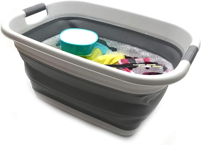 SAMMART 31L (8.1 gallon) Collapsible Plastic Laundry Basket-Foldable Pop Up Storage Container-Portable Washing Tub - Space Saving Hamper/Basket, Water capacity: 23L (6 gallon) (1, Light Grey)