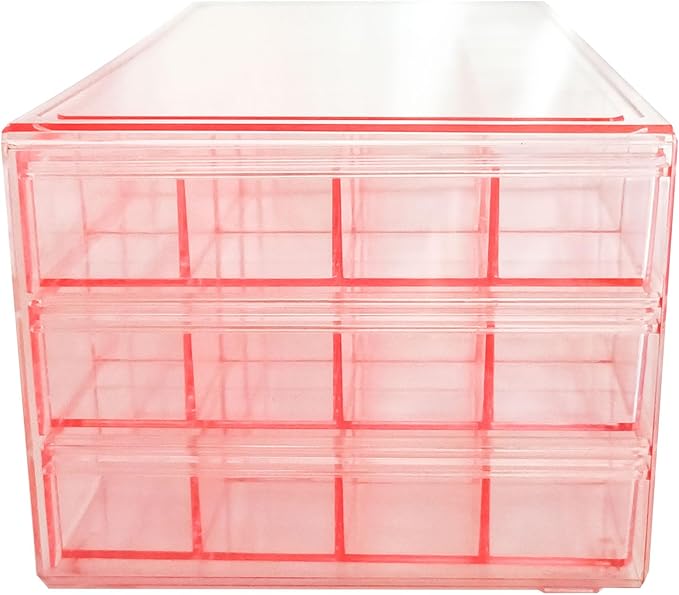 Acrylic Earrings Jewelry Organizer with 3 Drawers 72 grids, Stackable Necklace Rings Display Storage Case Box Holder, Clear pink