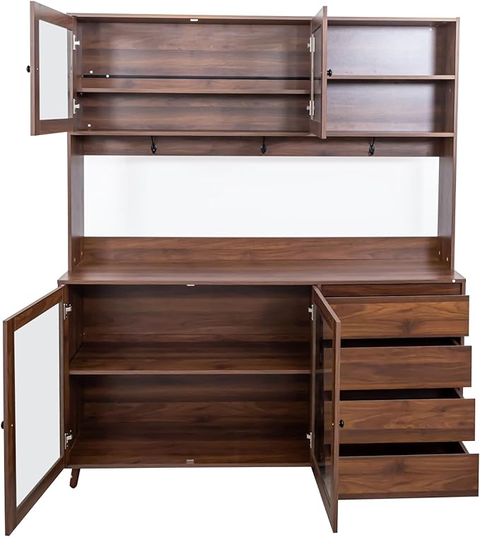 Farmhouse Kitchen Pantry Cabinet, 74.8" Tall Freestanding Cupboard with Multi-Tier Storage Rack and Microwave Stand for Kitchen, Dining Room, Walnut