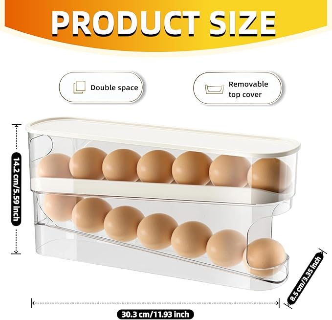 Egg Holder for Fridge, Space-Saving Automatic Rolling Egg organizer for refrigerator, 2-Layer Stackable Fridge Egg Dispenser and Storage with Lid for Kitchen, Countertop, Dining Room