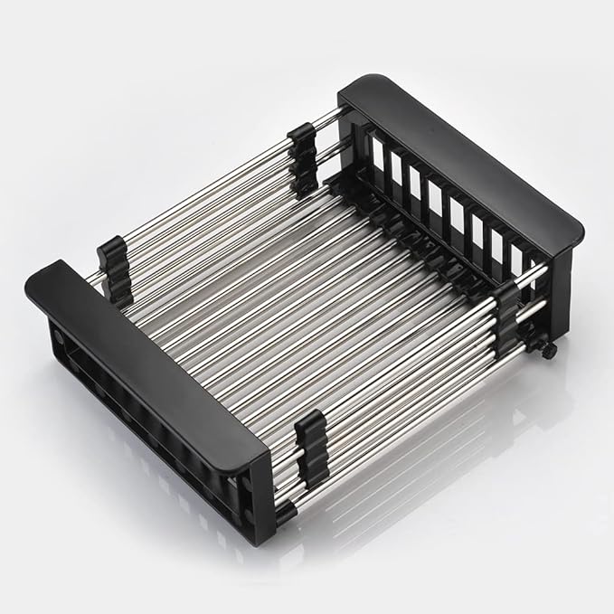 TUTEW Dish Drying Rack, Over The Sink Dish Drying Rack, Stainless Steel Drainer with Adjustable Arms Holder Functional Kitchen Sink Organizer for Vegetable and Fruit, Black