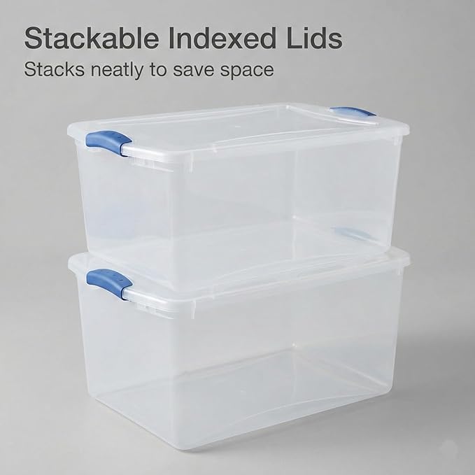 66 Qt Storage Bins with Lids, 2 Pack Large Clear Plastic Storage Containers with Secure Blue Latches, Stackable Clear Totes for Sports Equipment