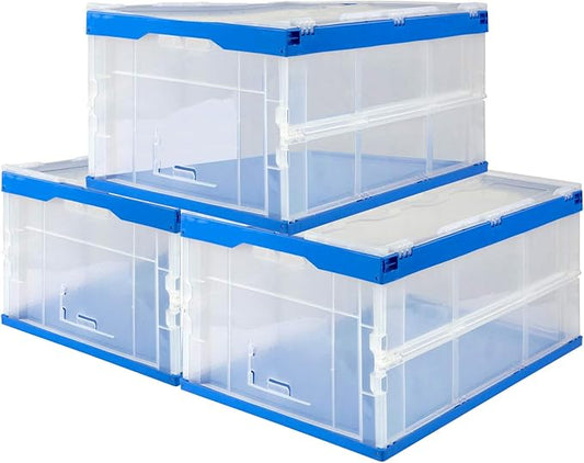 Mount-It! Folding Plastic Storage Crate, Collapsible Utility Distribution Container with Attached Lid, 23x15x13 Inches, 65L Liter Capacity, Clear (SET OF 3)